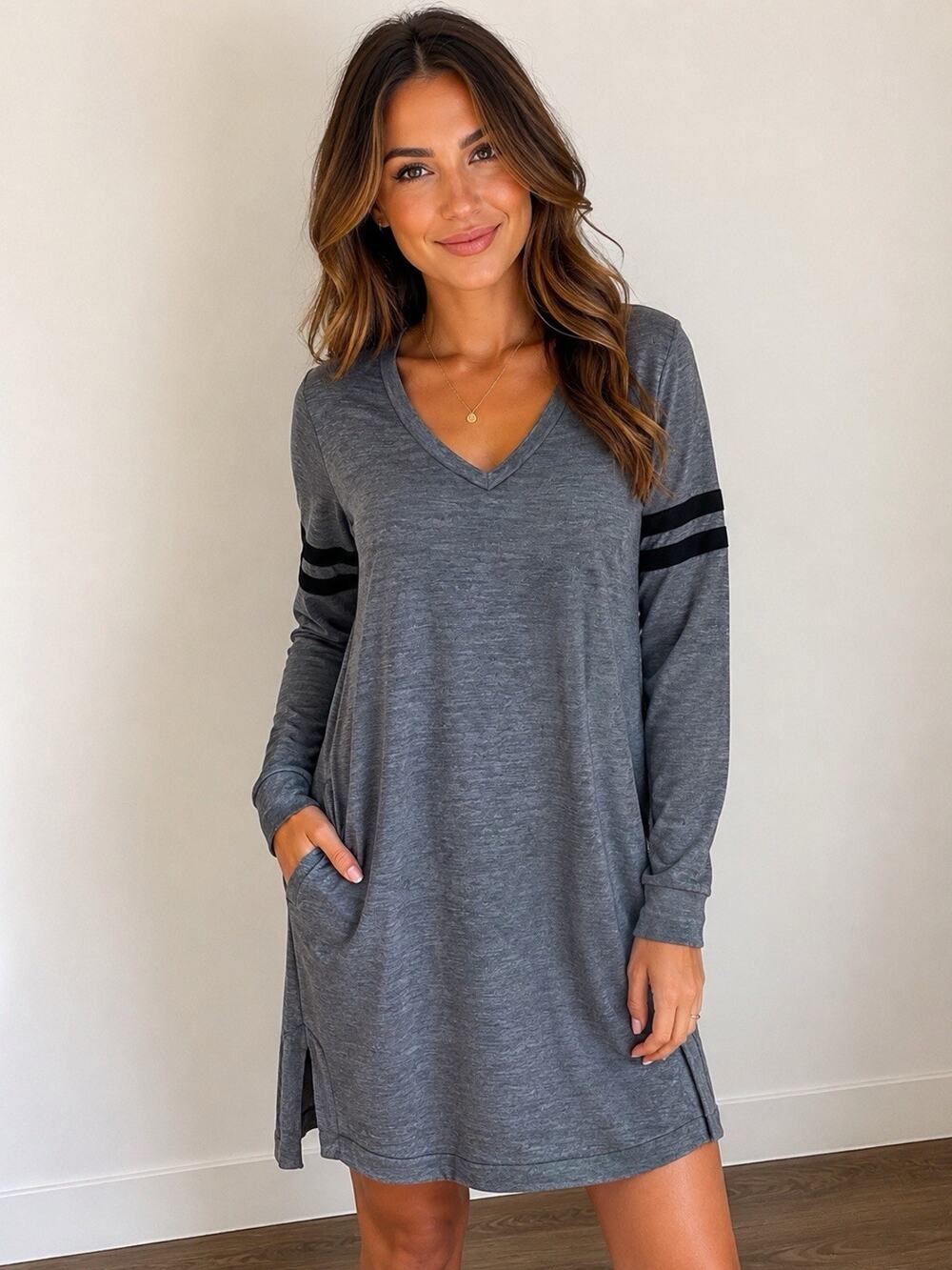 SOHO Street Women's Gray V-Neck Long Sleeve Varsity Stripe Dress Size S